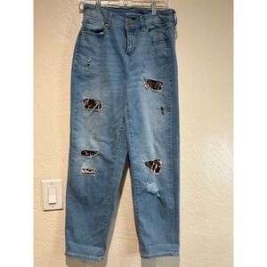 INC Denim Boyfriend Jeans Womens 6/28 Light Wash Distressed Leopard Patch Blue